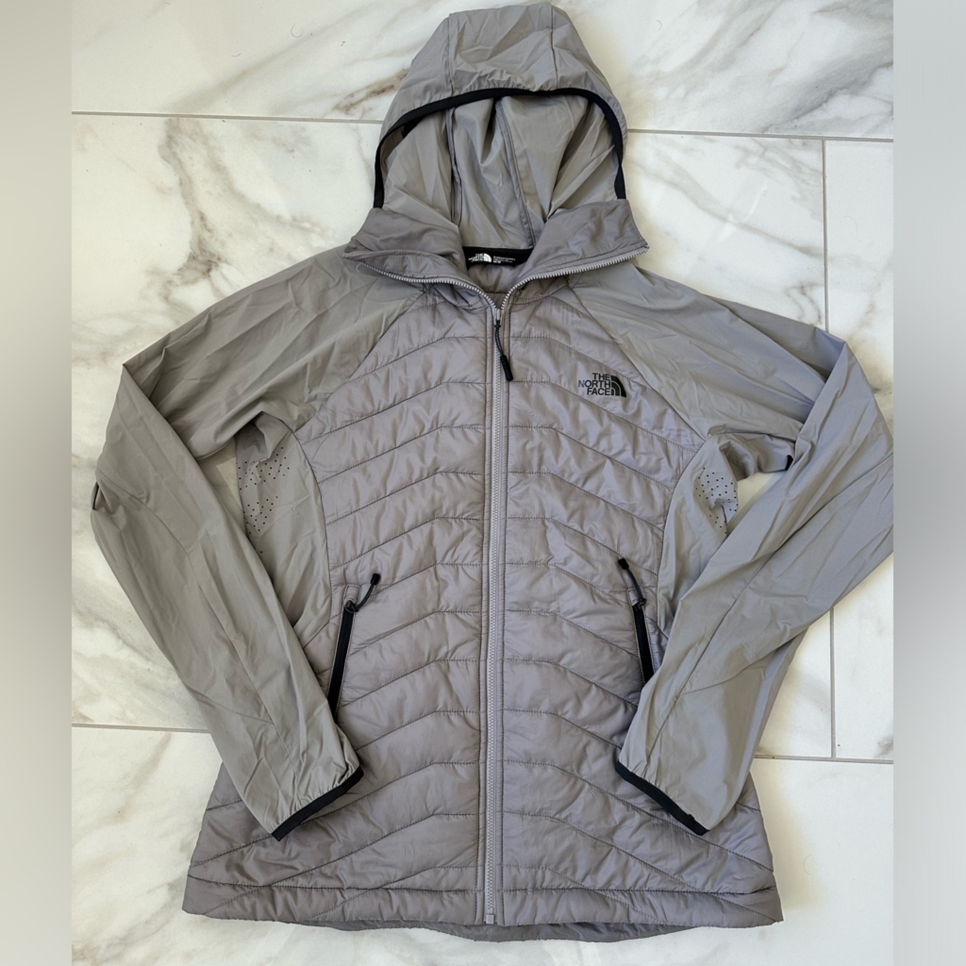 The North Face Grey Quilted Hooded Jacket With Mesh Side Panels
